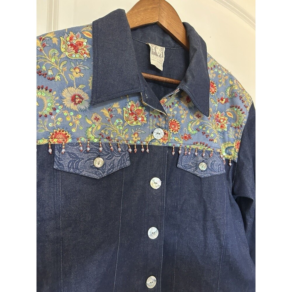 Womens Denim Jacket Large Floral Yoke Beaded Embellished Flip Cuff Artsy Boho - Picture 4 of 11